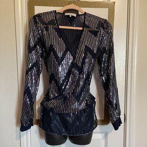 WAYF Blue Sequin Mesh Blouse Size S